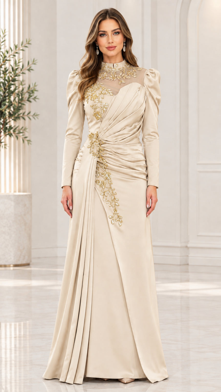 Champagne beige long sleeve pleated maxi gown with intricate gold floral details