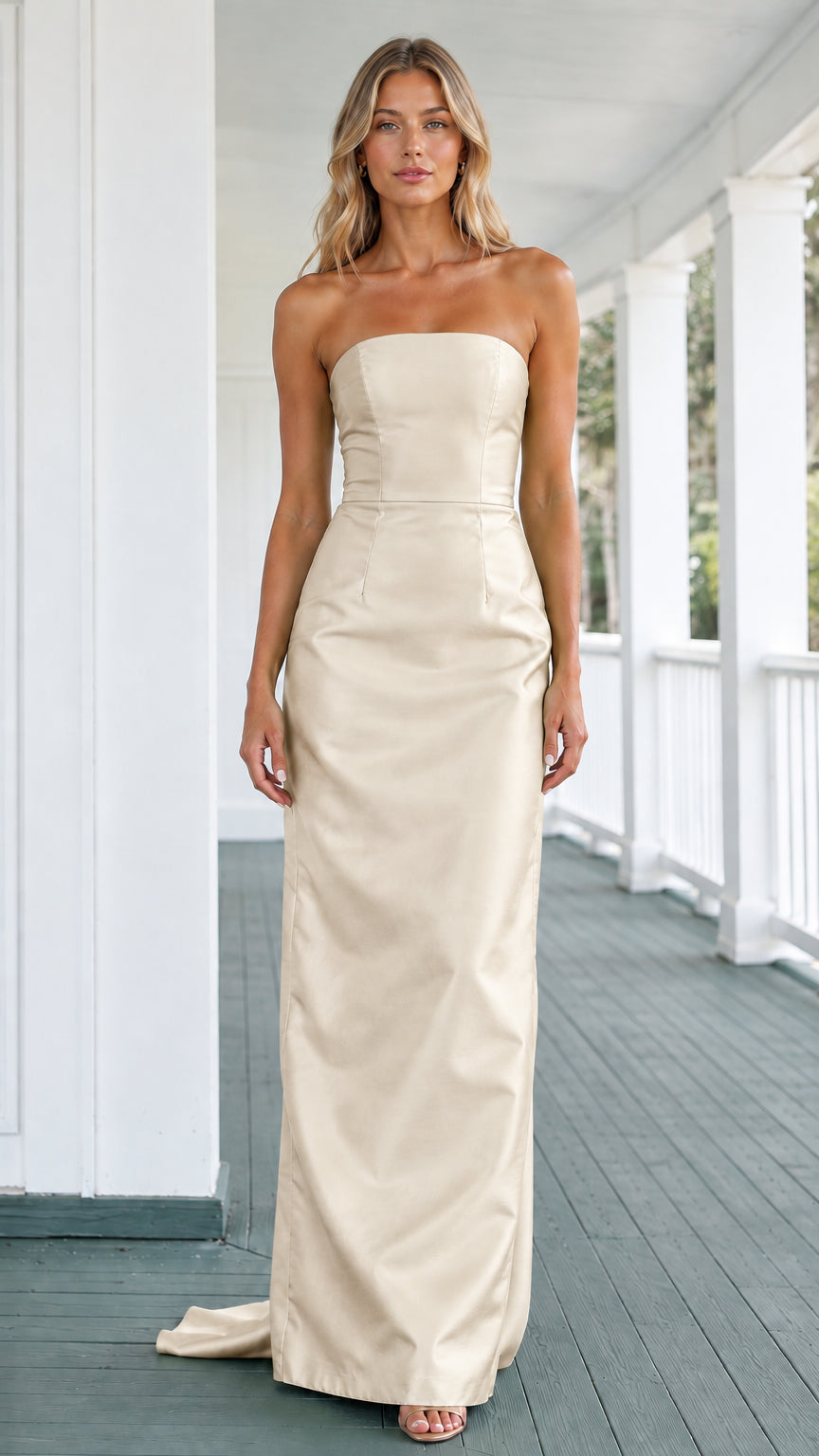 Model wearing champagne ivory strapless satin evening gown