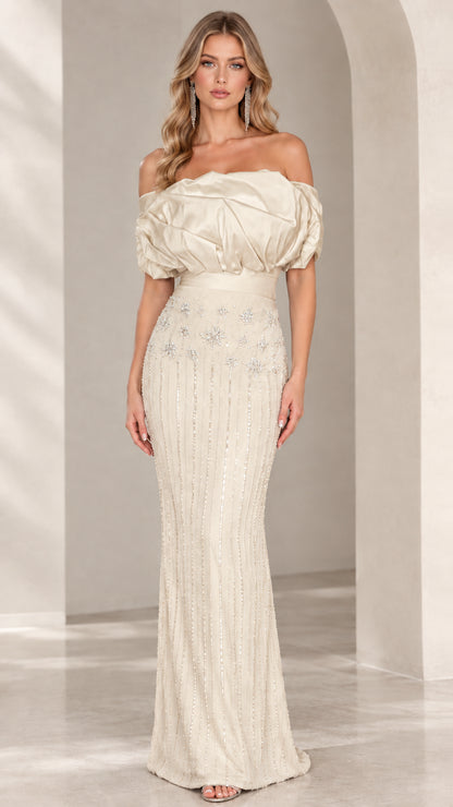 Champagne off-the-shoulder beaded formal gown