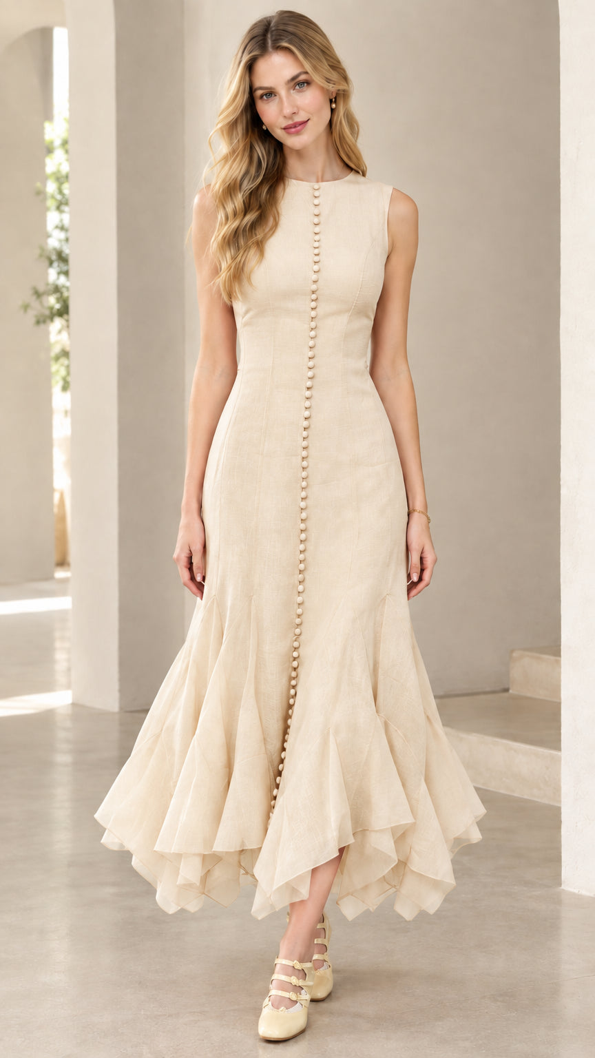 Full-length view of woman wearing beige cream sleeveless button-front mermaid midi dress