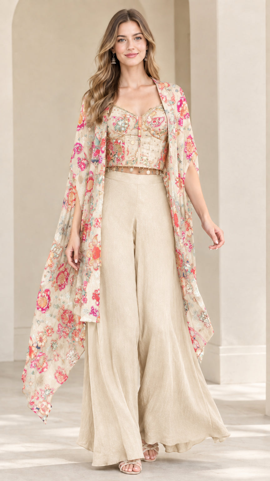 Champagne beige floral print cape and palazzo evening set