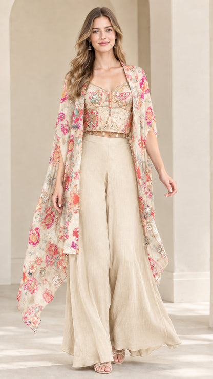 Champagne beige floral print cape and palazzo evening set