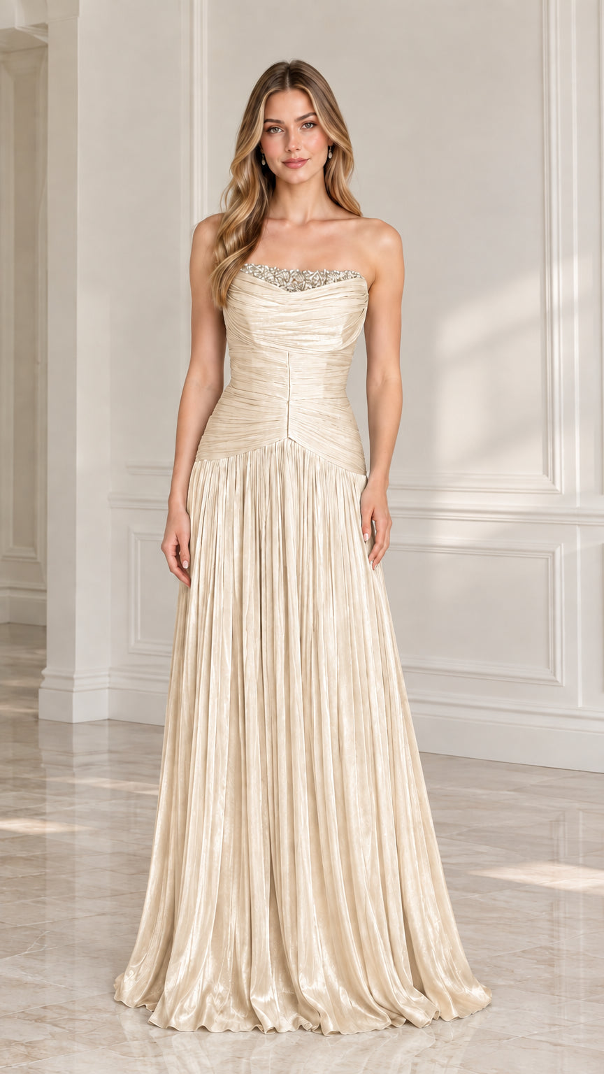 Full-length champagne gold strapless ruched formal dress