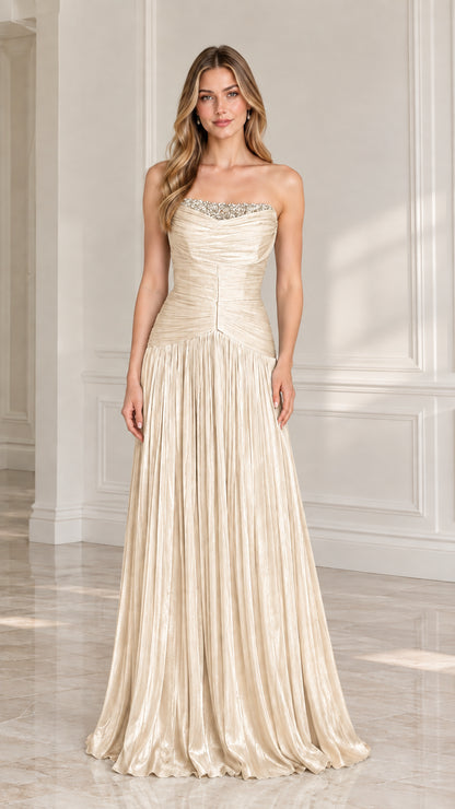 Full-length champagne gold strapless ruched formal dress