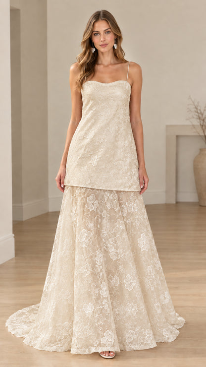 Front view of champagne beige floral lace drop-waist maxi dress