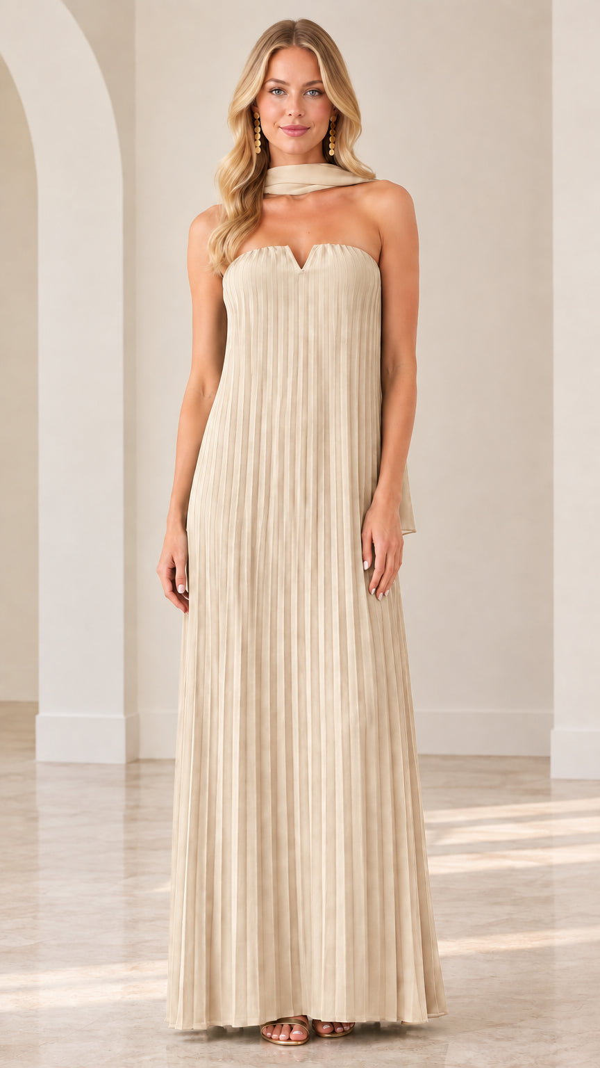 Champagne beige strapless sunburst pleated floor-length dress