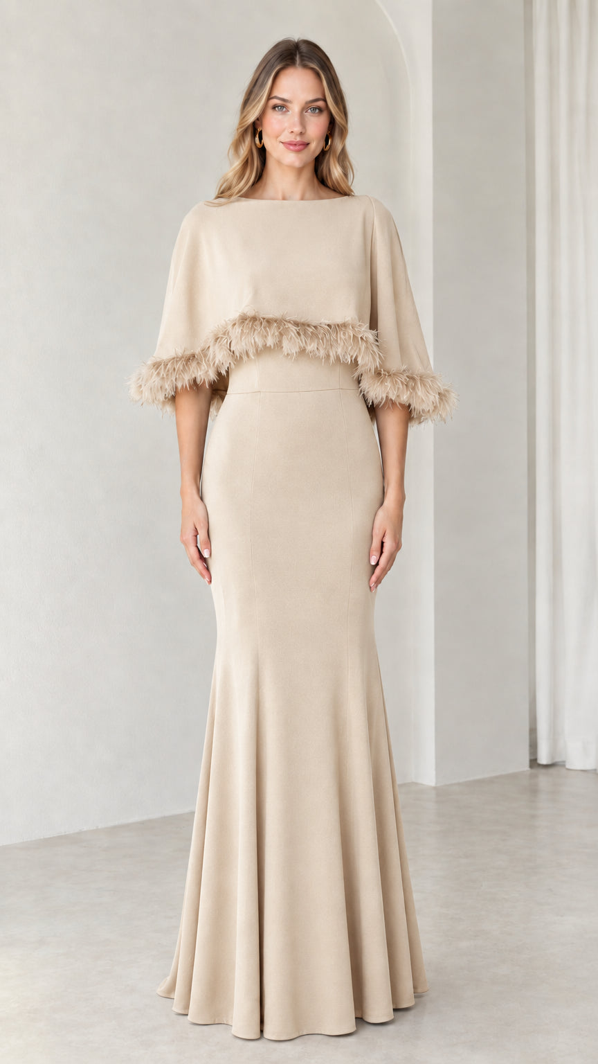 Champagne beige feather-trimmed capelet floor-length evening dress