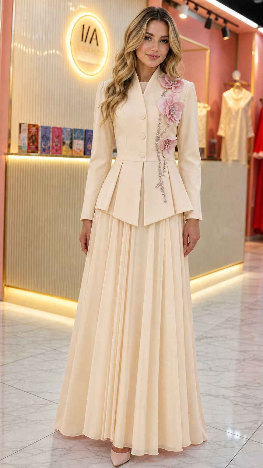 Front view of champagne ivory peplum blazer and pleated maxi skirt evening set