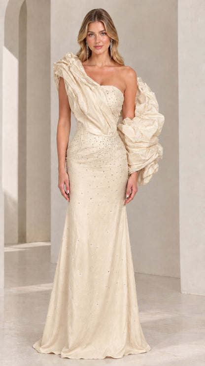 Champagne ivory one-shoulder evening gown with statement ruffled shoulder