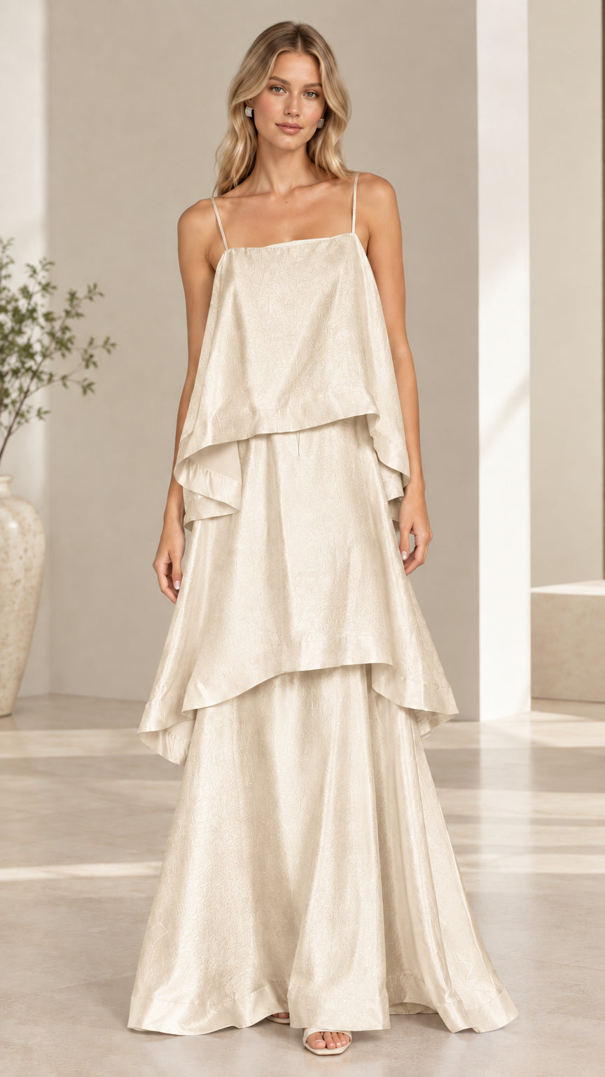 Model wearing champagne cream tiered cami maxi dress front view
