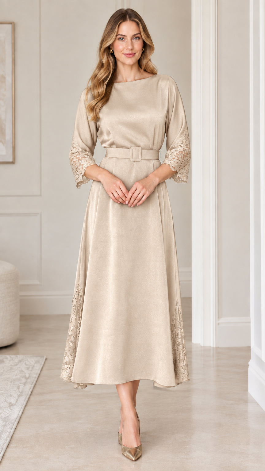 Full front view of champagne beige belted A-line midi dress with lace detail