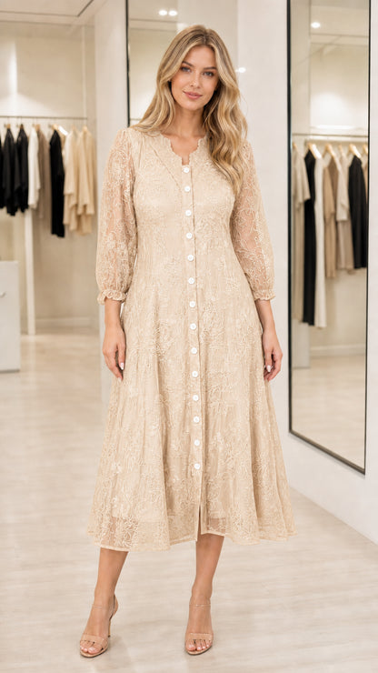Champagne beige floral lace sequin button-front midi dress on model