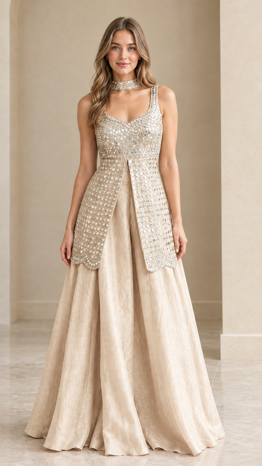 Model wearing Champagne gold embellished formal skirt and top co-ord set