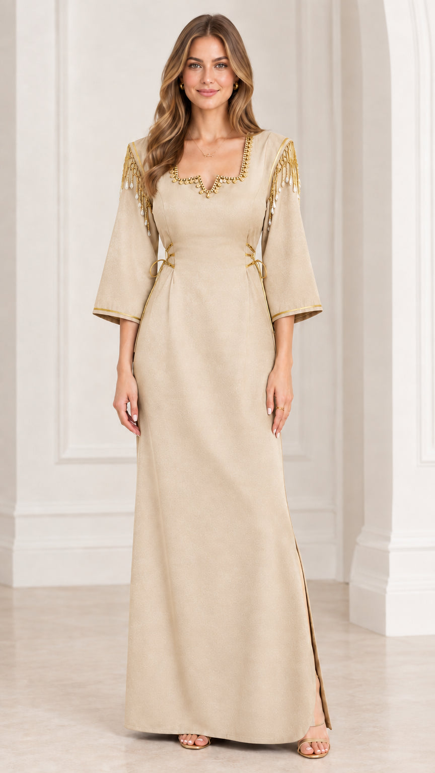 Full-length view of beige champagne maxi dress with gold shoulder fringe