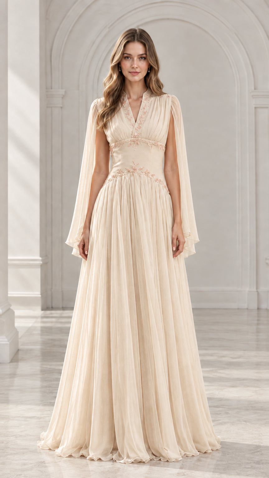 Champagne beige cape sleeve embroidered formal gown front view