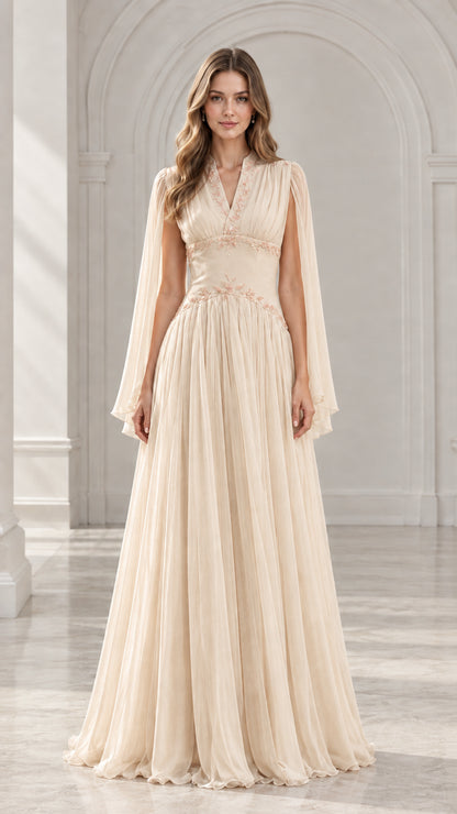 Champagne beige cape sleeve embroidered formal gown front view