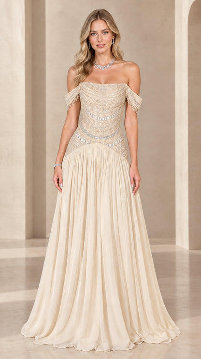 Full-length front view of champagne gold off-the-shoulder beaded chiffon gown