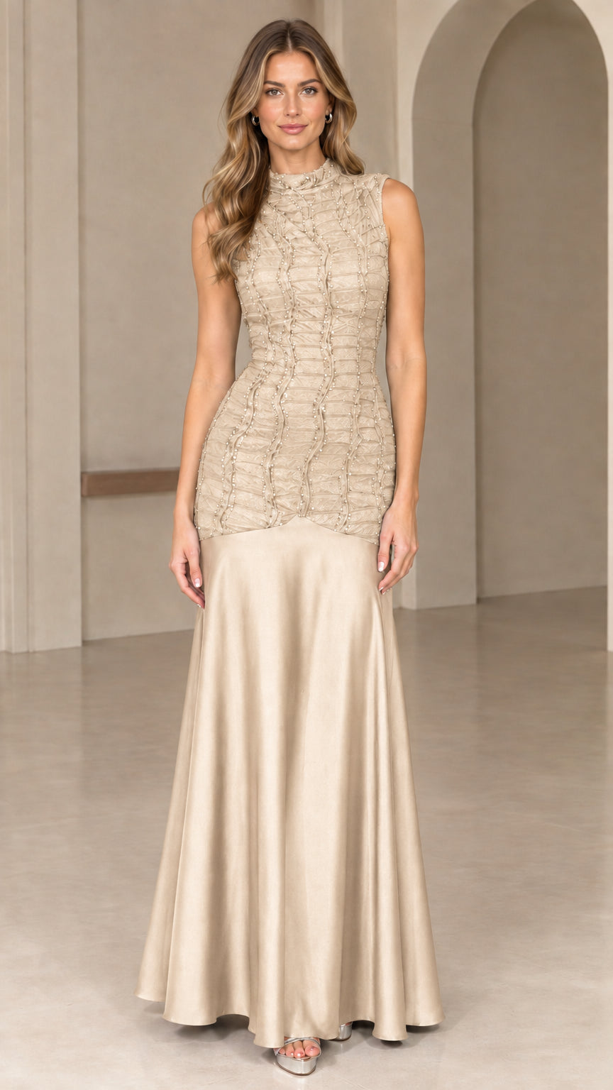 Front view of champagne gold sleeveless drop-waist satin maxi dress