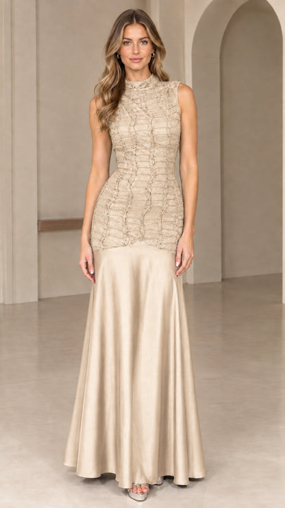 Front view of champagne gold sleeveless drop-waist satin maxi dress