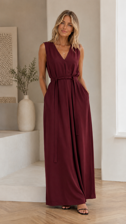 Full-length front view of burgundy sleeveless V-neck maxi dress with tie waist