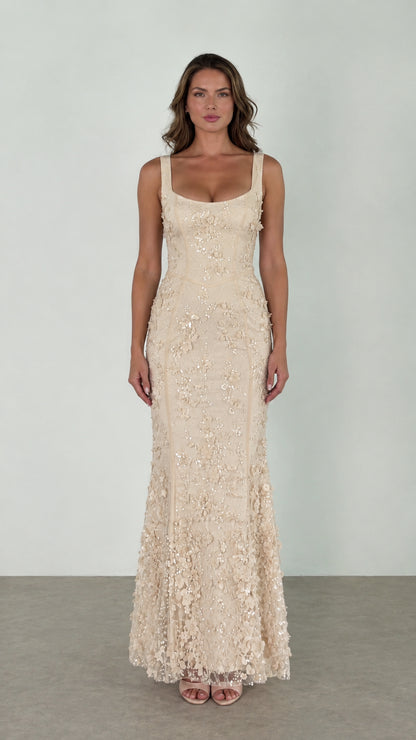Champagne cream sequined floral lace evening gown