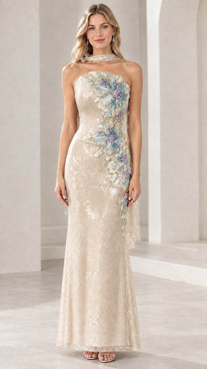 Champagne gold strapless sequin evening dress with floral appliqué and neck scarf
