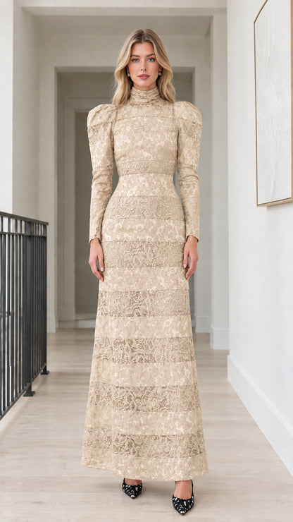 Front view of model wearing Champagne beige high neck long sleeve tiered lace maxi dress