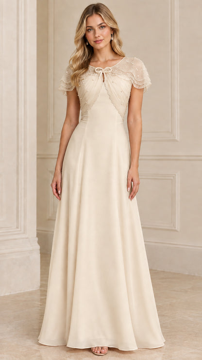 Champagne cream A-line evening gown with beaded capelet