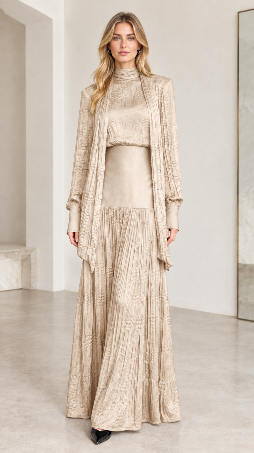 Champagne gold textured pleated maxi dress and cardigan set