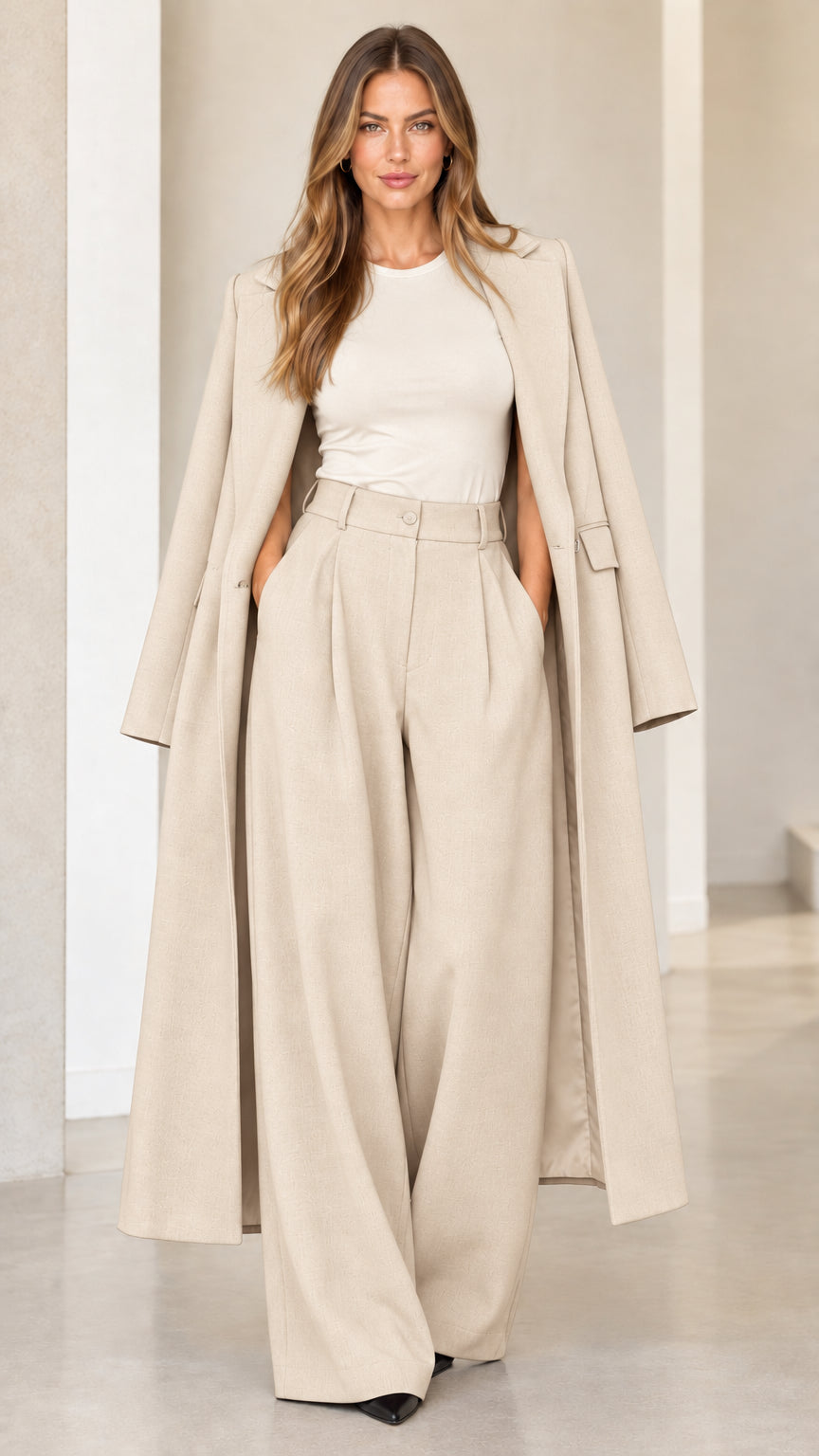 Beige tailored cape coat and pleated palazzo trousers monochrome set