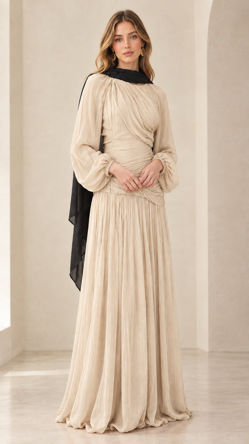 Front view of champagne beige long sleeve pleated formal dress