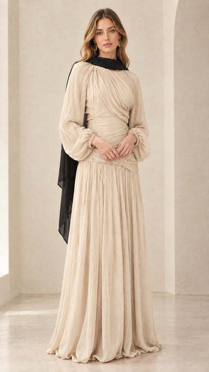 Front view of champagne beige long sleeve pleated formal dress