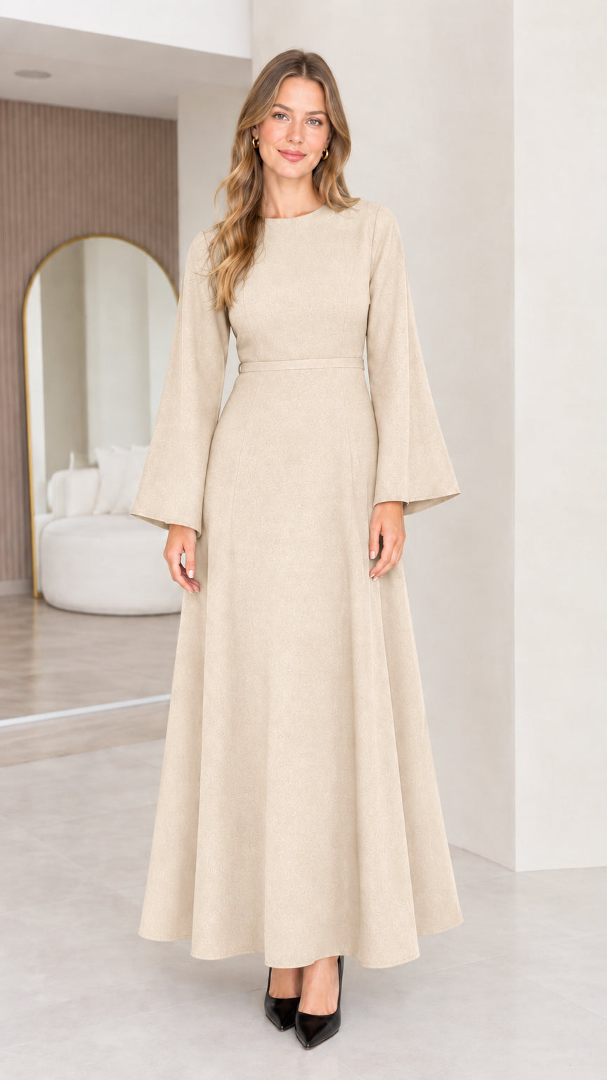 Front view of an ivory women's long sleeve A-line maxi dress