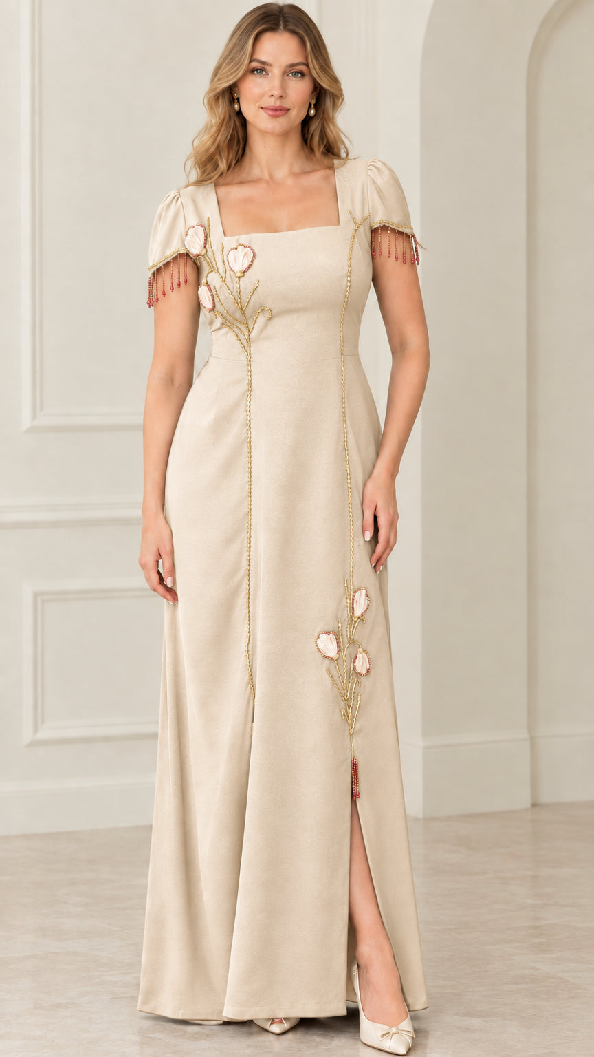 Champagne beige square neck floor-length dress with floral details