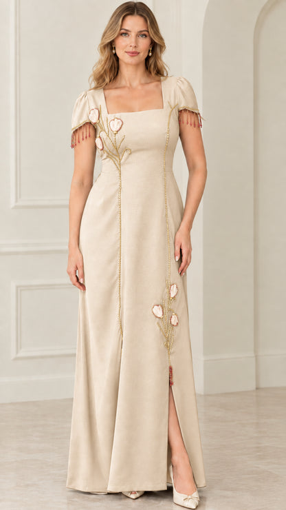 Champagne beige square neck floor-length dress with floral details