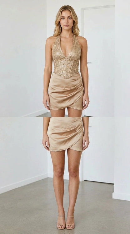 Champagne gold sequin halter corset top and satin wrap mini skirt front and back view