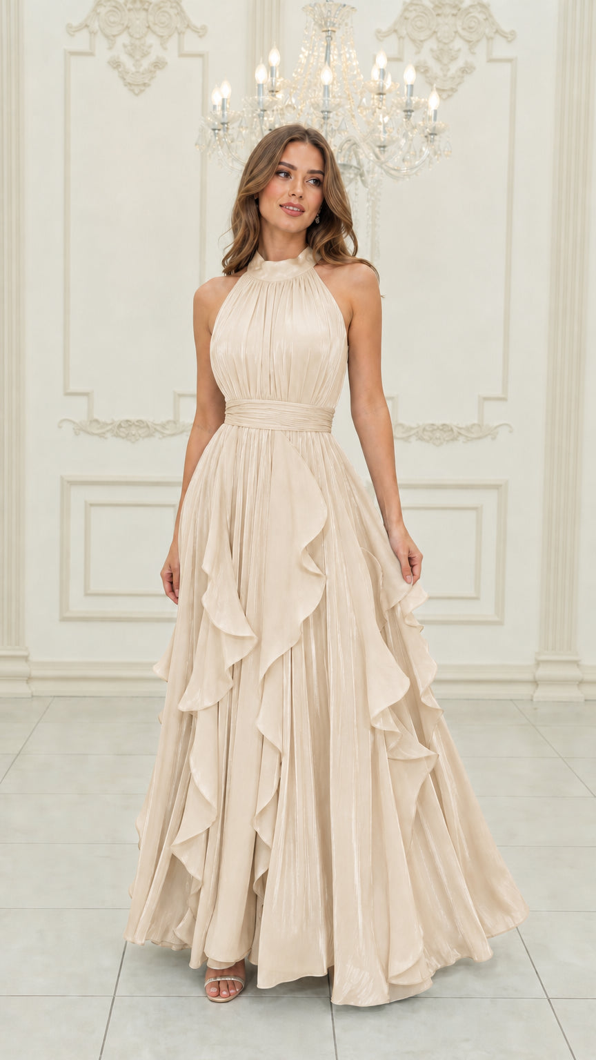 Champagne beige pleated halter neck cascading ruffle formal dress