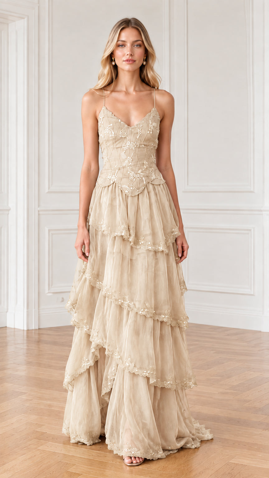 Full-length front view of champagne beige embroidered tulle formal gown