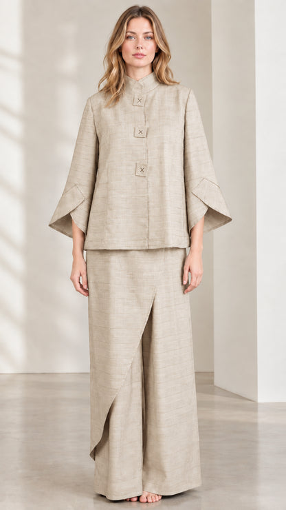 Beige Mandarin Collar Jacket and Asymmetric Wide-Leg Pants Set