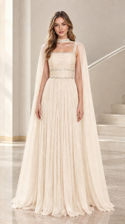 Champagne pleated chiffon floor-length evening dress with cape
