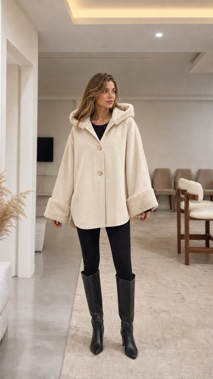 Model wearing cream off-white hooded cape coat with faux fur trim