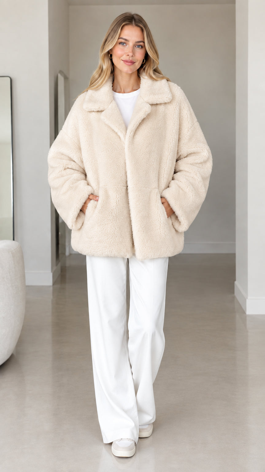 Front view of model wearing cream plush faux fur lapel coat