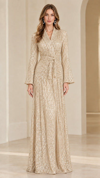 Model wearing shimmering champagne gold long-sleeve sequin evening dress