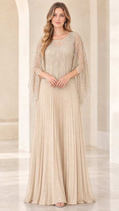 Champagne beige beaded capelet pleated maxi evening gown