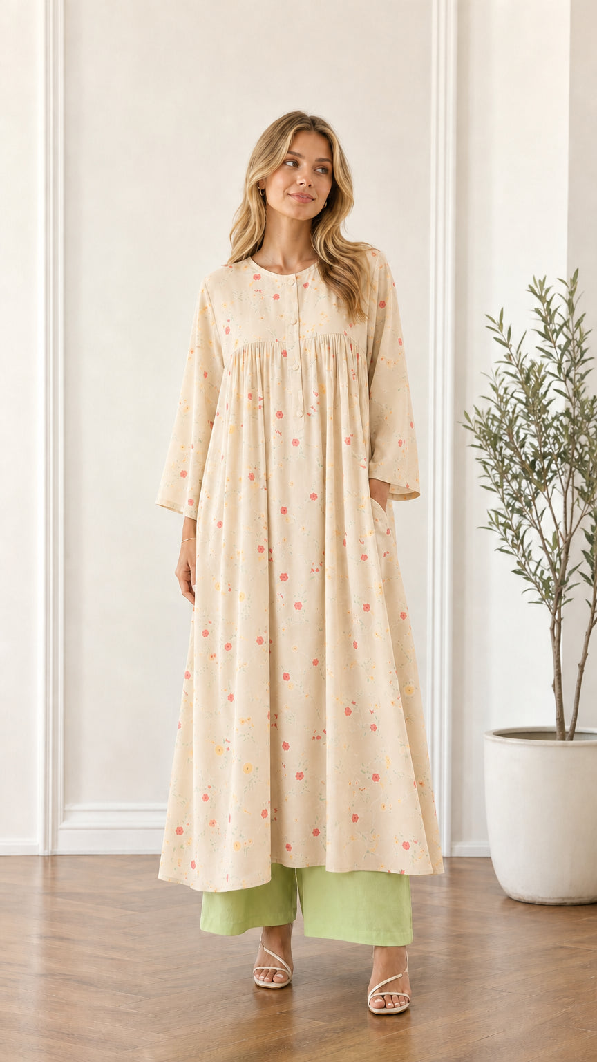 Front view of woman wearing beige floral pleated maxi dress
