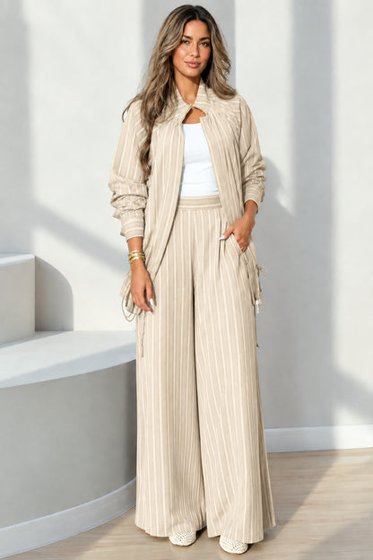 Full-length view of beige pinstripe two-piece lounge suit set