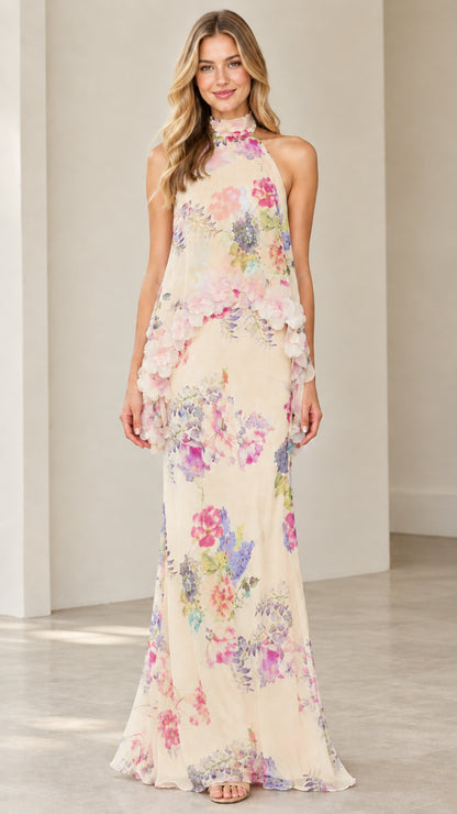 Model wearing Cream floral tiered halter maxi dress