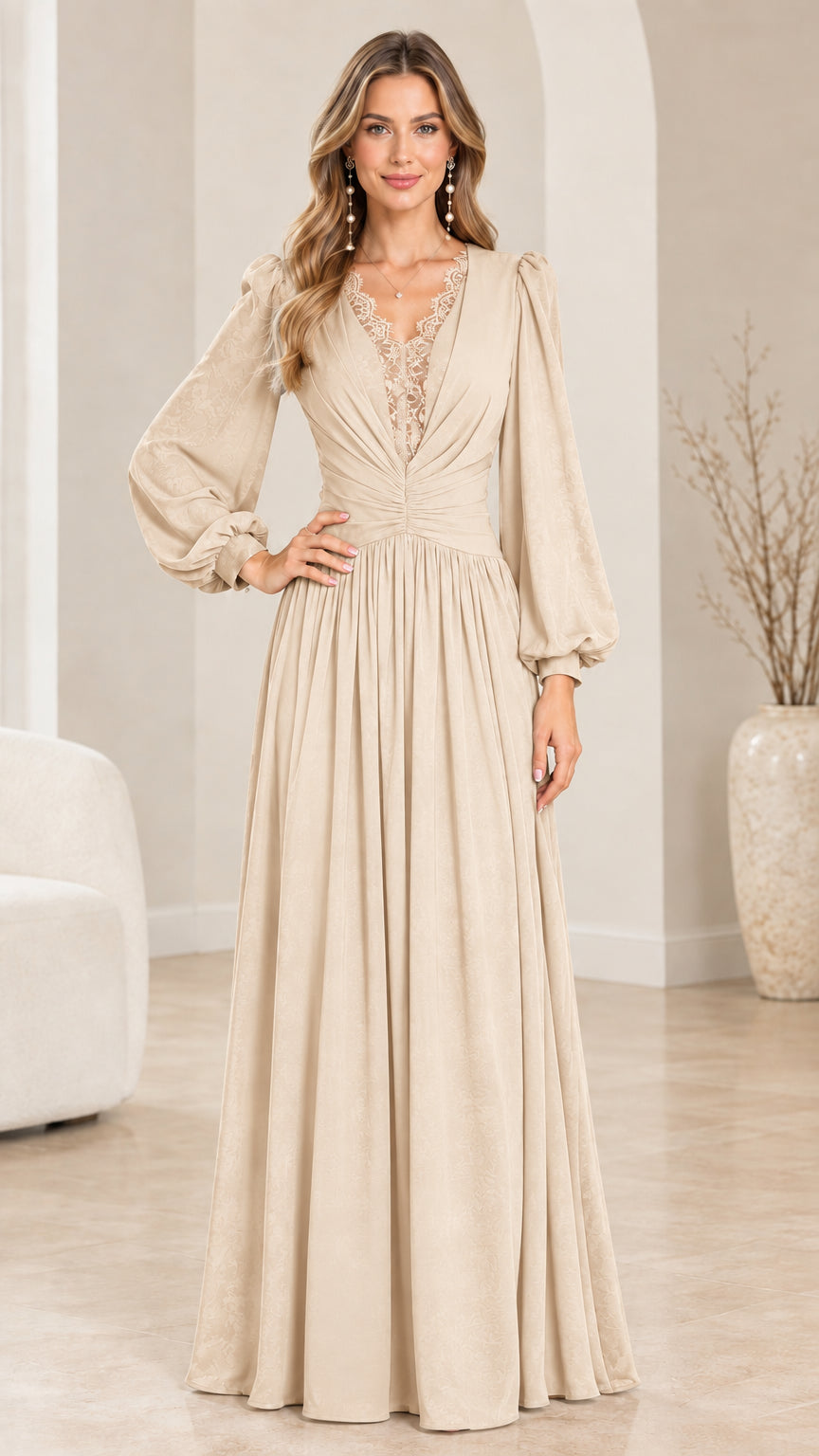 Champagne beige long sleeve lace V-neck evening maxi gown on model