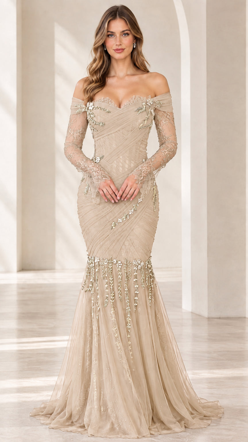 Model wearing off-the-shoulder champagne beige lace mermaid formal gown