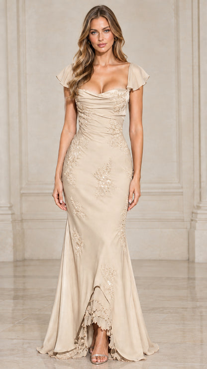 Front view of champagne beige cowl neck flutter sleeve mermaid gown